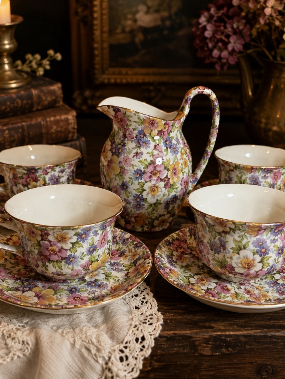 James Kent Dubarry Chintz Large Creamer 4 Cups & Saucers England 9 Pc